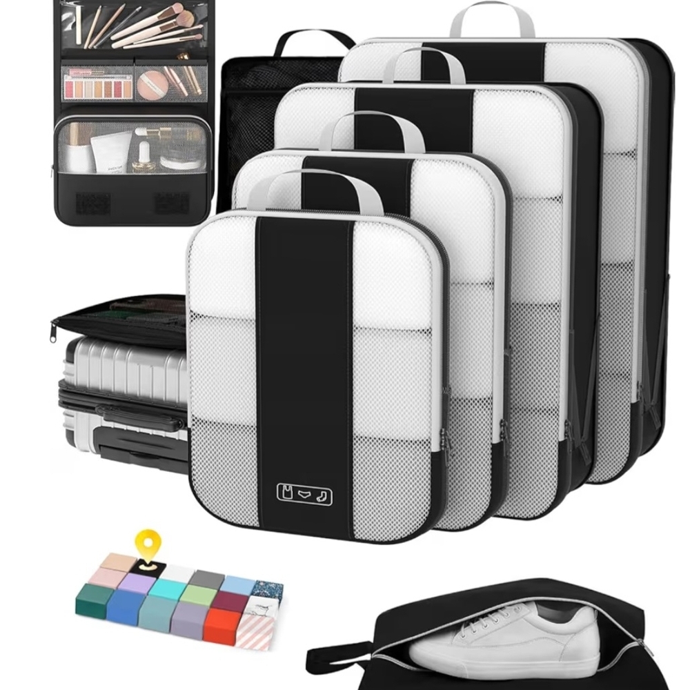 Travel Packing Cube Set - White and Black Mesh Organizer (10-Pack)